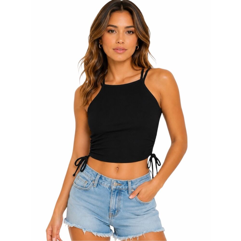 PRETTYLITTLETHING Women’s Black Ribbed Side Ruched Tie Crop Tank Top Size US 4